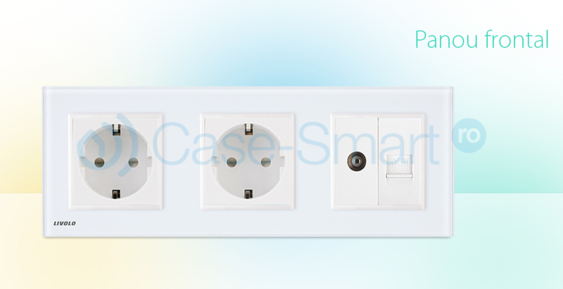 Priza tripla Livolo cu rama din sticla 2 prize simple+TV/internet, alb