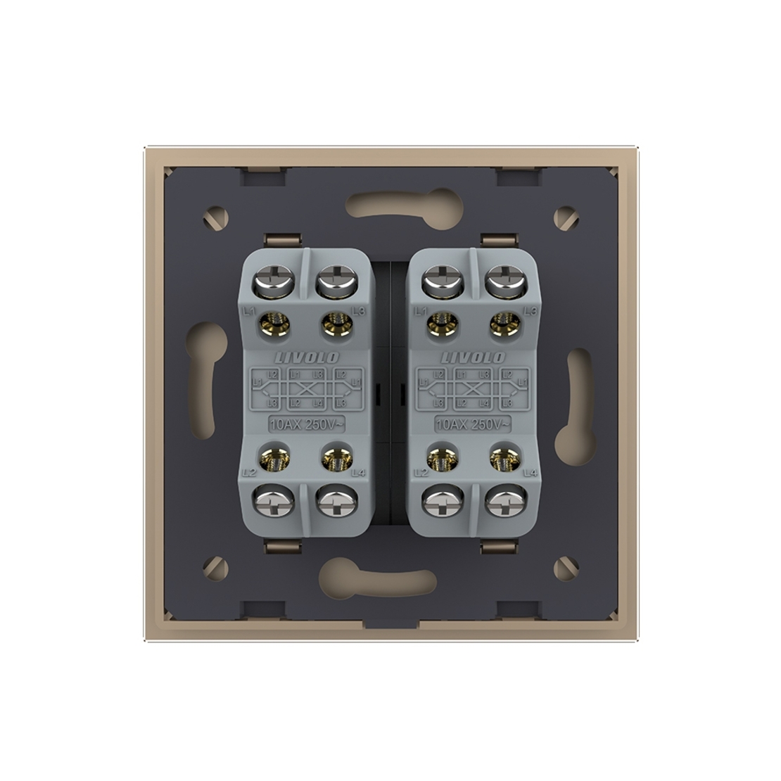 Intrerupator Dublu Mecanic Cap Cruce LIVOLO cu Rama din Sticla - Serie Noua, auriu