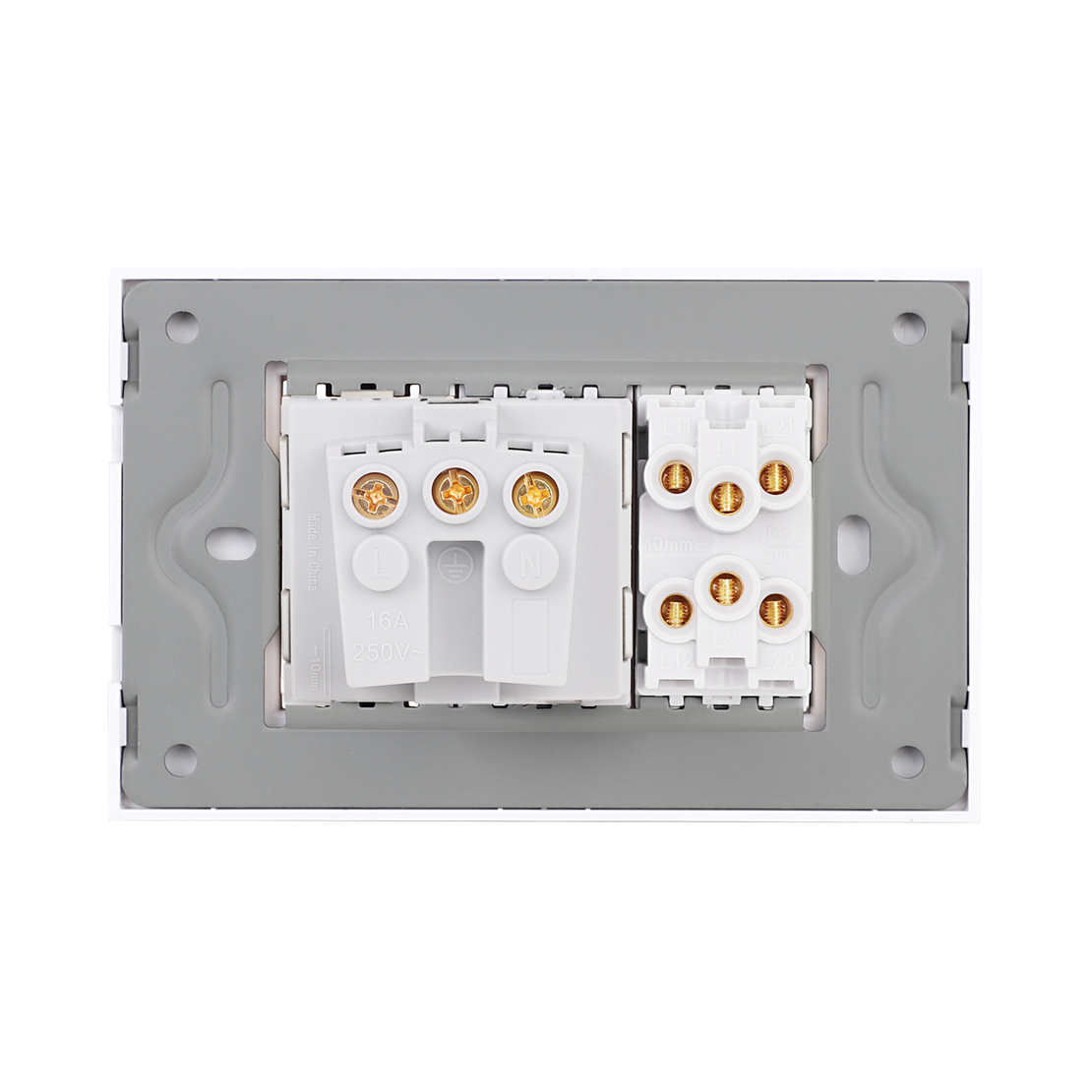 Intrerupator Dublu Cap Scara + Priza cu Rama din Sticla LUXION, Standard Italian, 3M, auriu