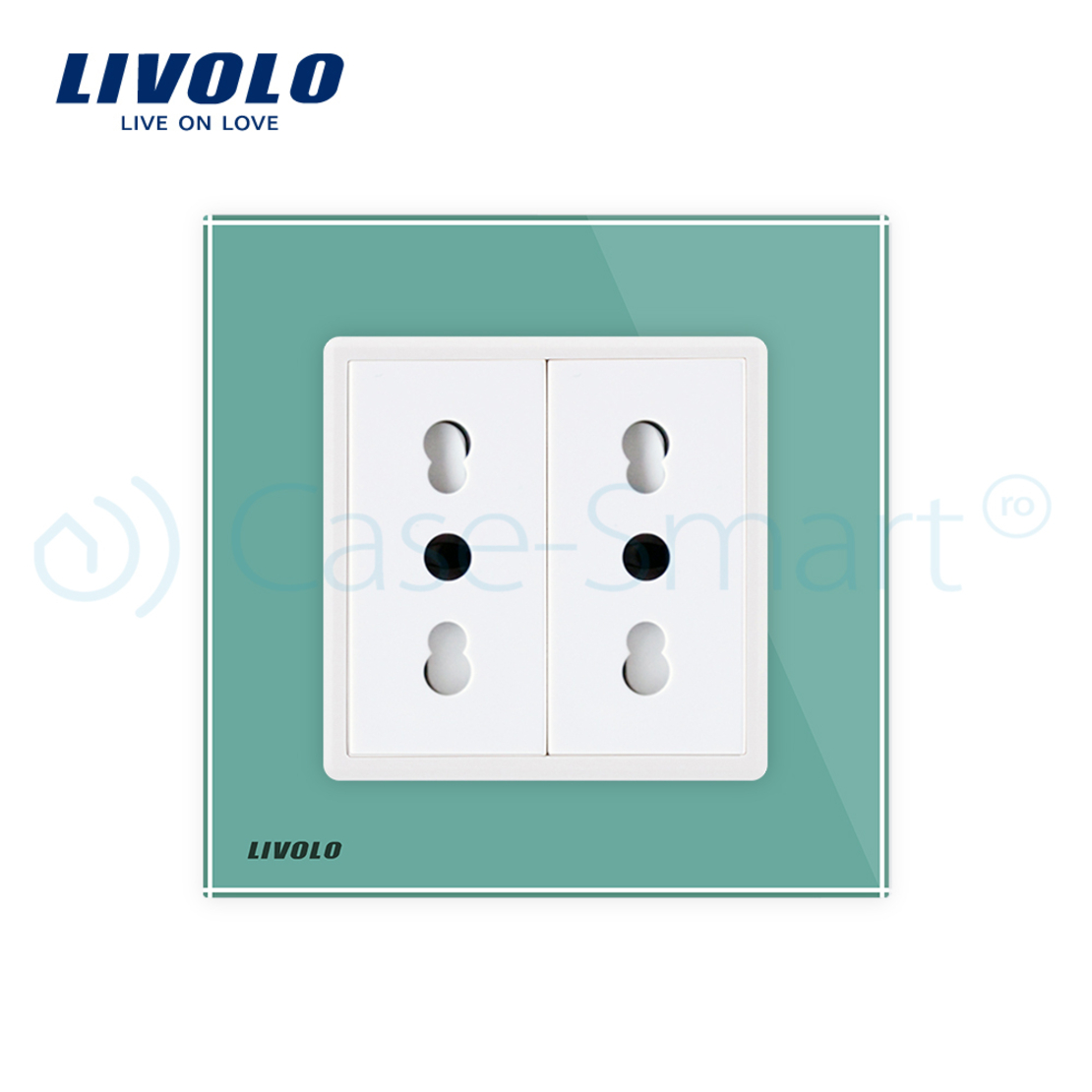 Priza dubla module inguste Livolo cu rama din sticla - standard german, verde