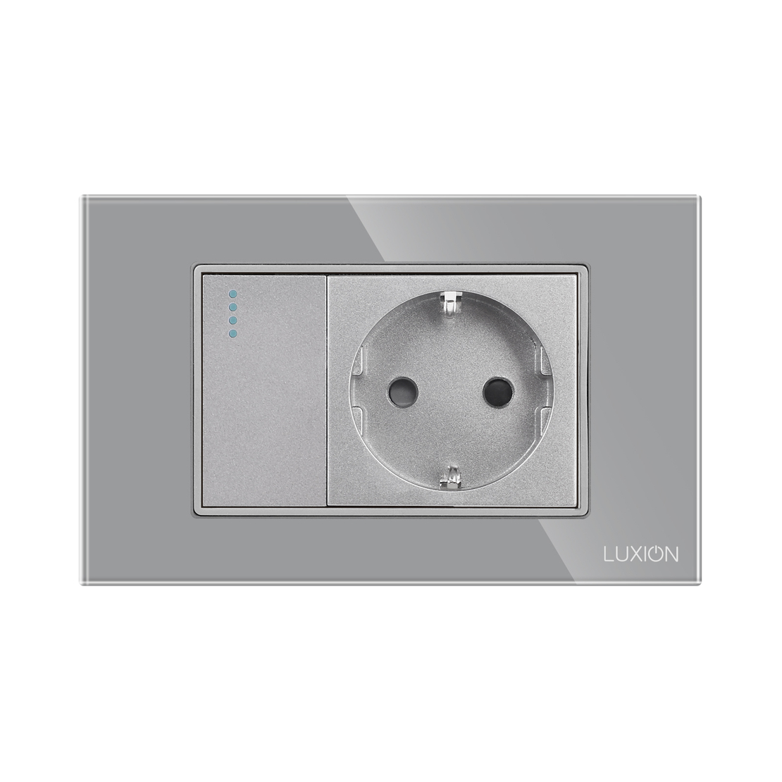 Intrerupator Simplu Cap Scara + Priza cu Rama din Sticla LUXION, Standard Italian, 3M, gri