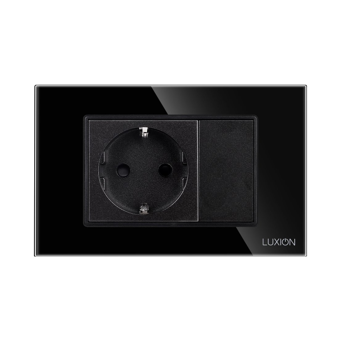 Priza Simpla si 1 Tasta Falsa cu Rama din Sticla LUXION, Standard Italian, 3M, negru