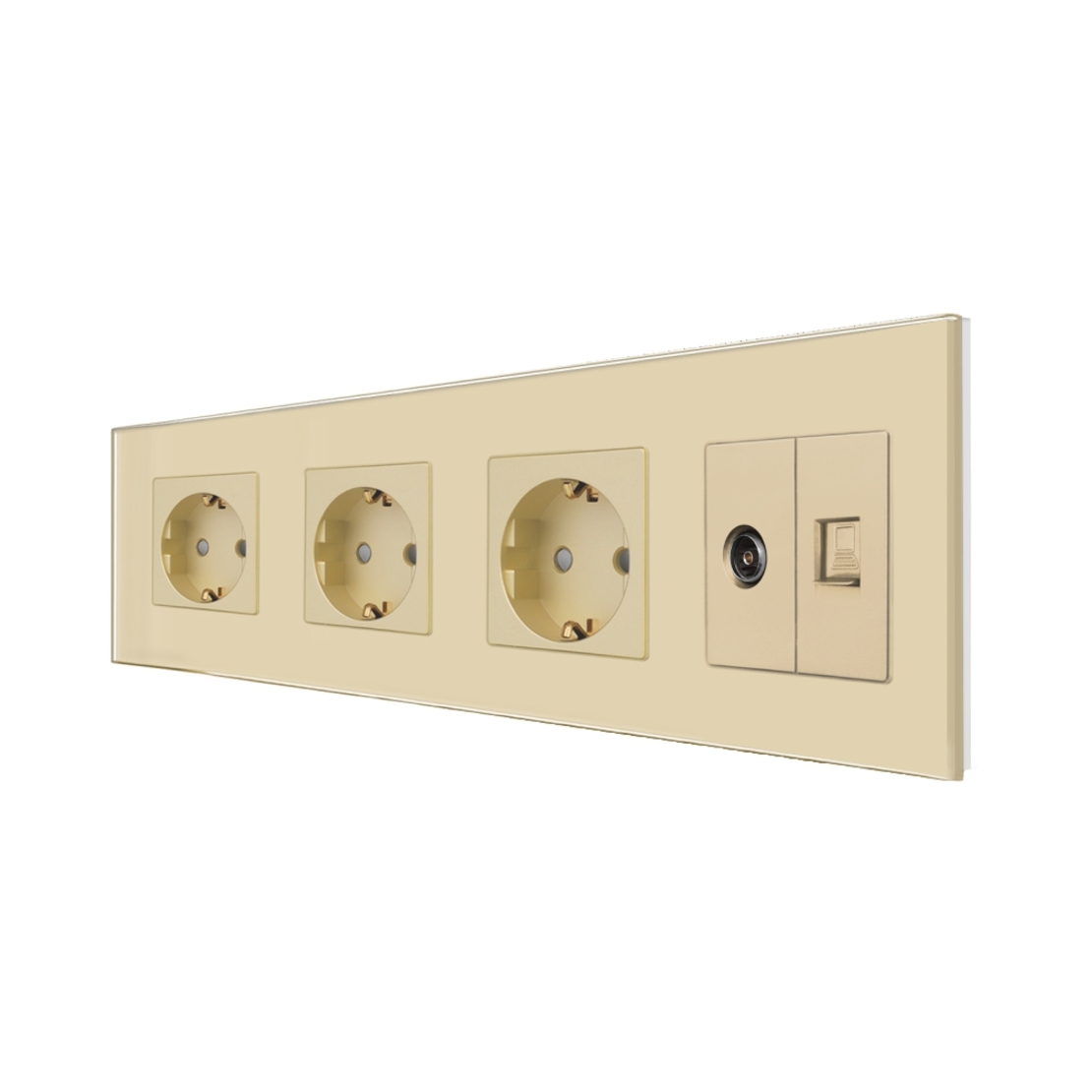 Priza Tripla Schuko + TV + Internet cu Rama Din Sticla LUXION, auriu