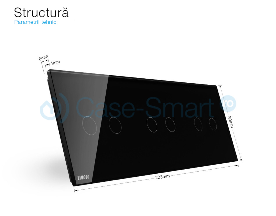 Panou intrerupator dublu+dublu+dublu cu touch Livolo din sticla, negru