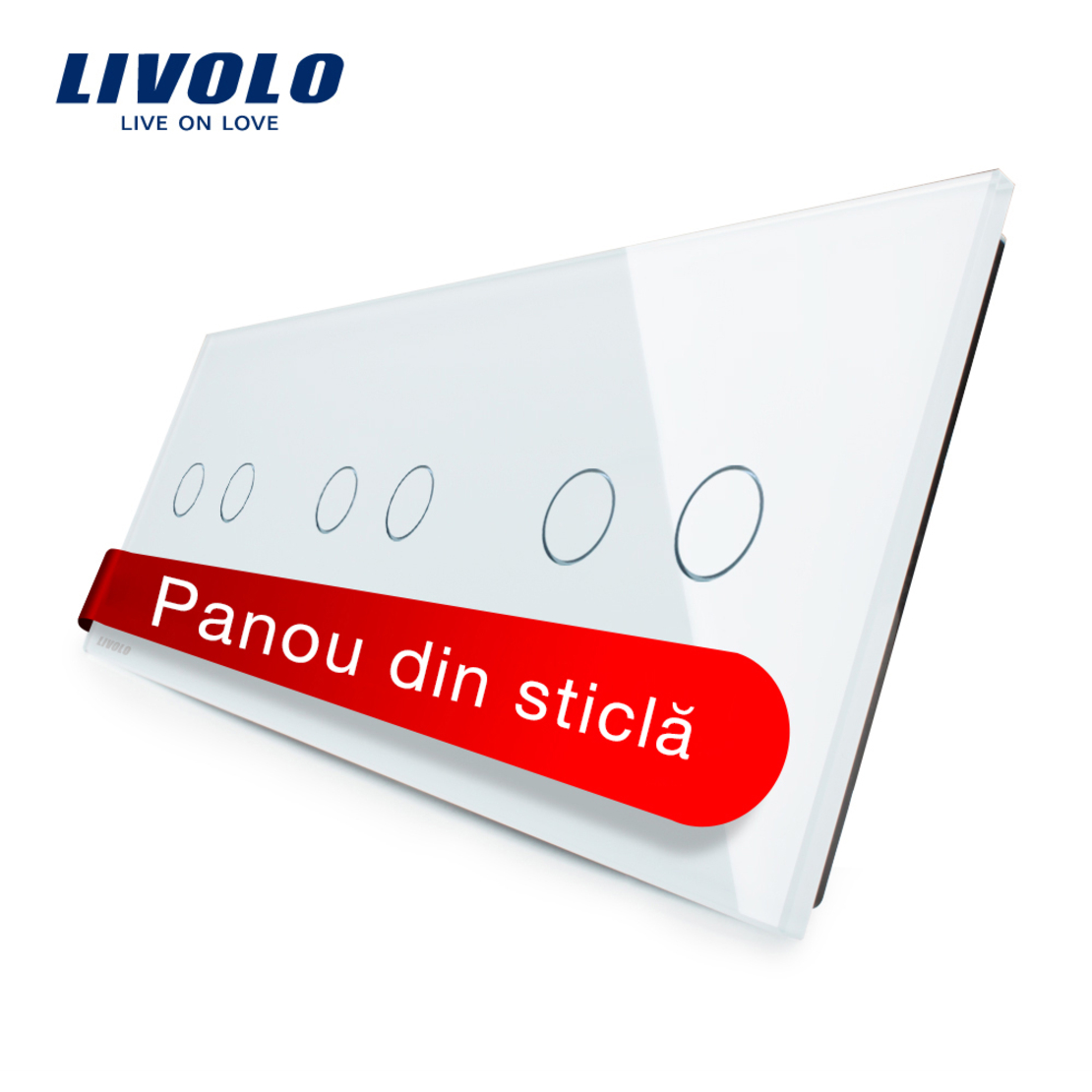 Panou intrerupator dublu+dublu+dublu cu touch Livolo din sticla, alb
