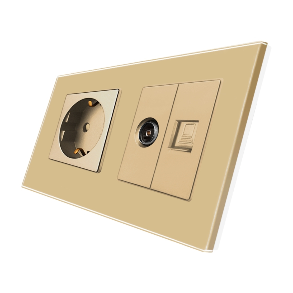 Priza Schuko + TV + Internet cu Rama Din Sticla LUXION, auriu
