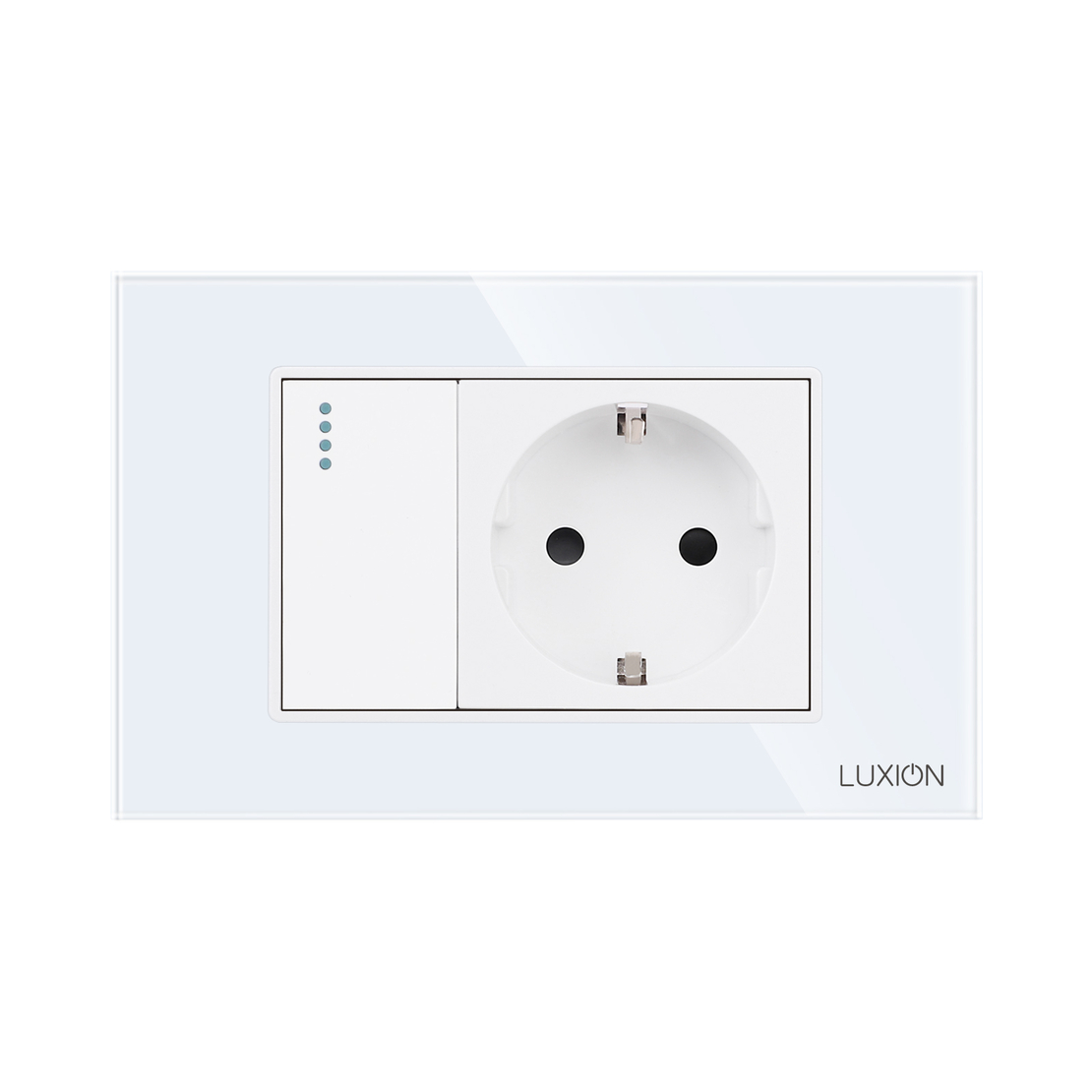 Intrerupator Simplu Cap Scara + Priza cu Rama din Sticla LUXION, Standard Italian, 3M, alb