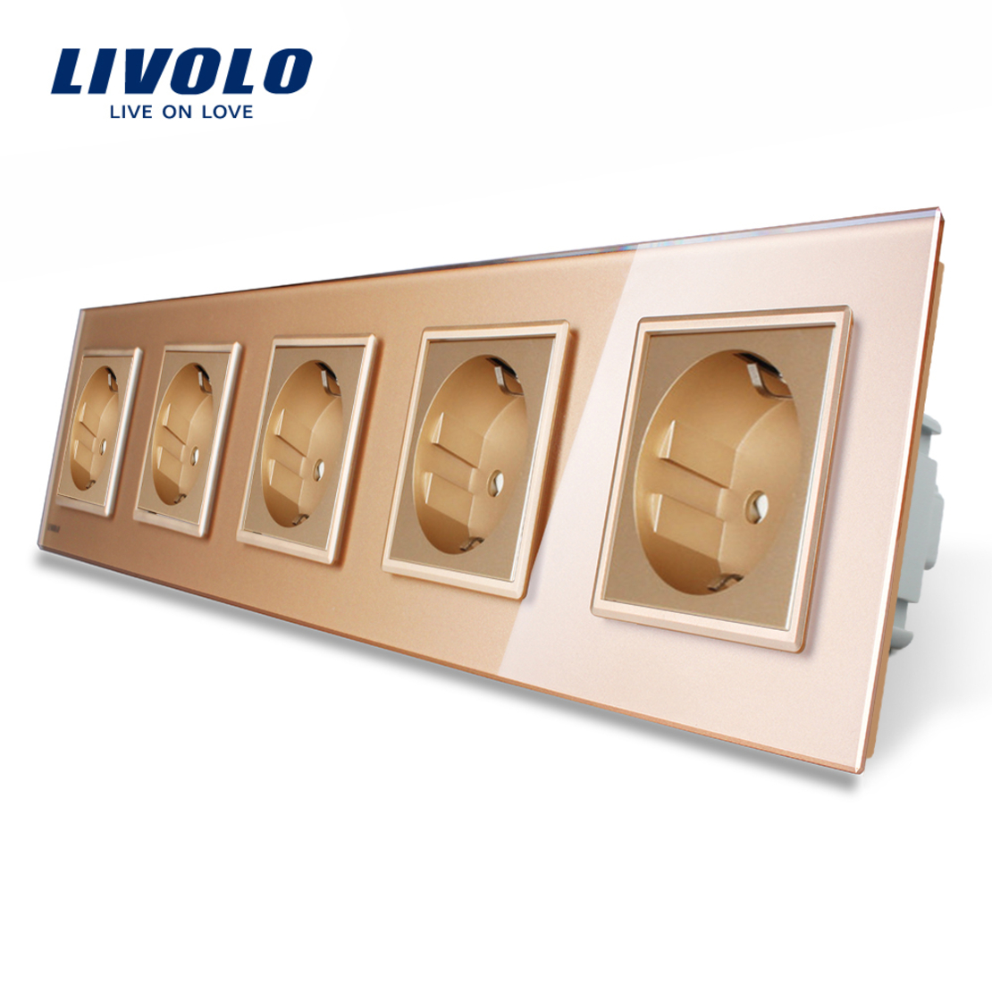 Priza cvintupla Livolo cu rama din sticla, auriu