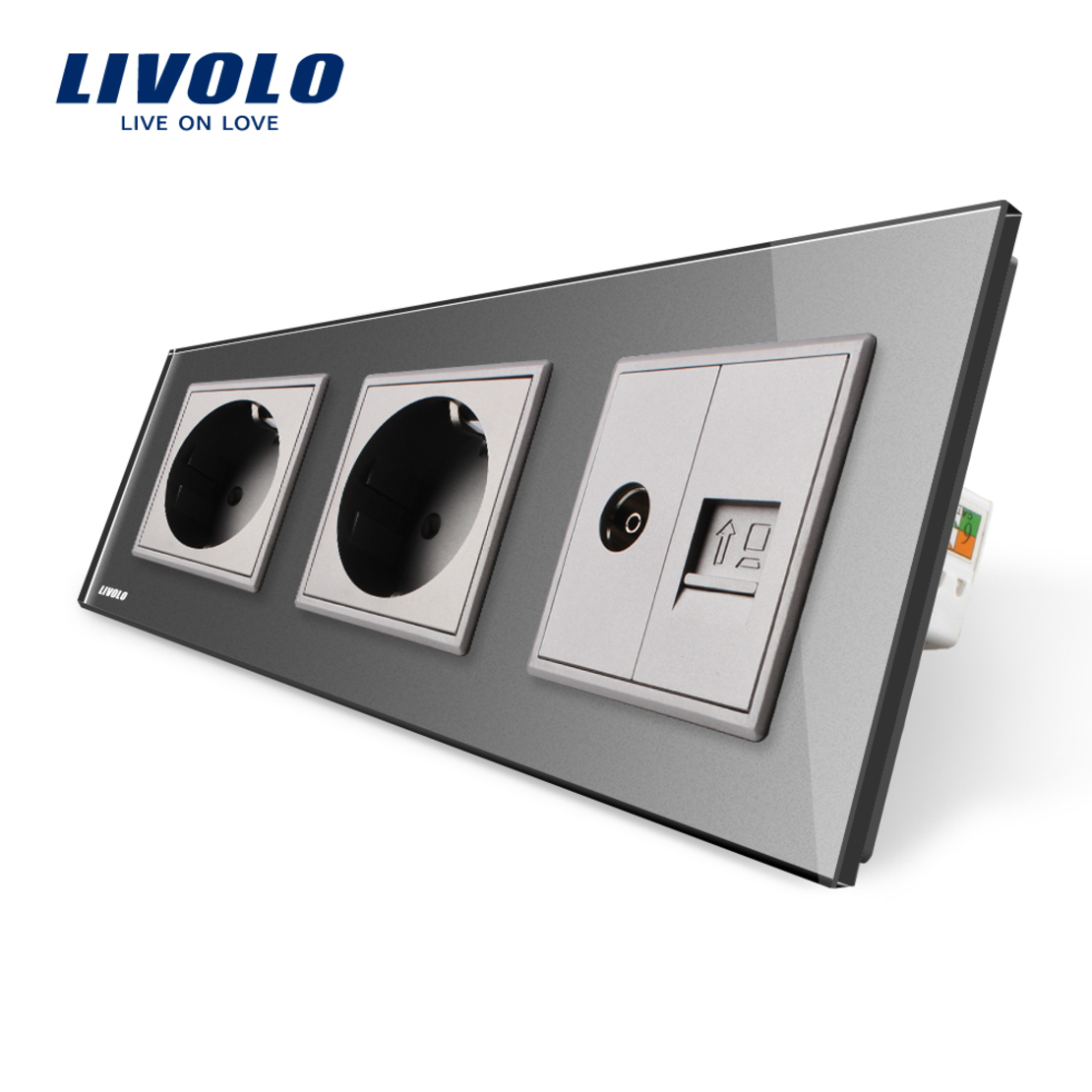 Priza tripla Livolo cu rama din sticla 2 prize simple+TV/internet, gri