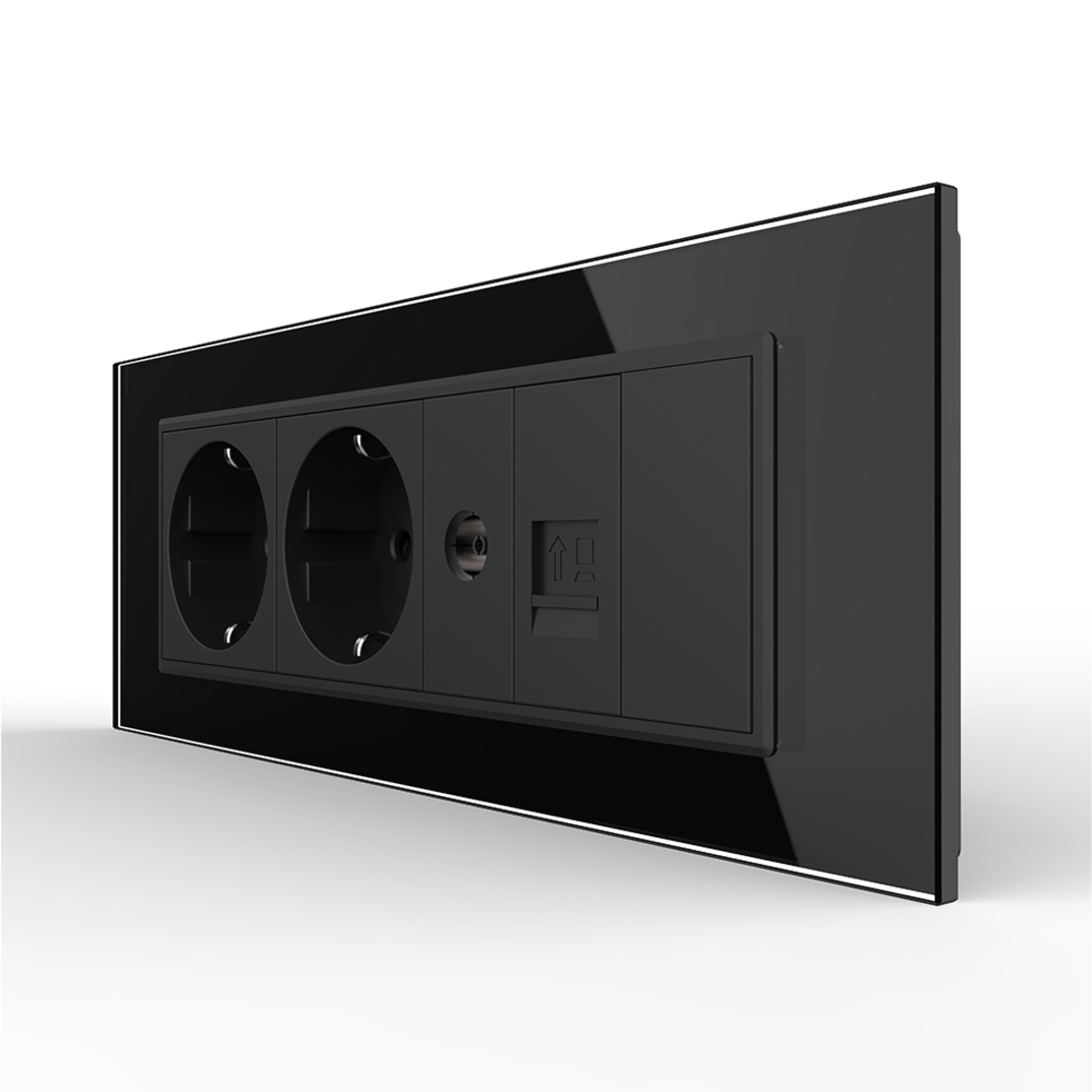 Priza Tripla cu Blank Livolo cu Rama din Sticla 2 Prize Schuko+TV/internet, Standard Italian - Serie Noua, negru