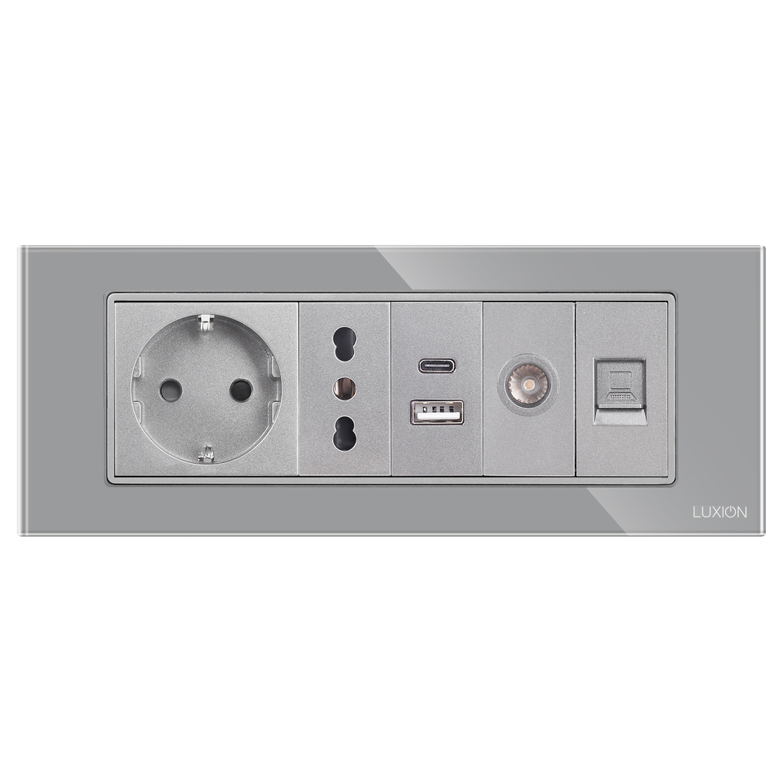 Priza Schuko + Ingusta + Dubla USB + TV + Internet cu Rama Din Sticla LUXION, Standard Italian, 6M, gri