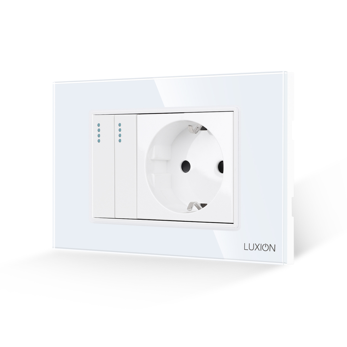 Intrerupator Dublu + Priza cu Rama din Sticla LUXION, Standard Italian, 3M, alb