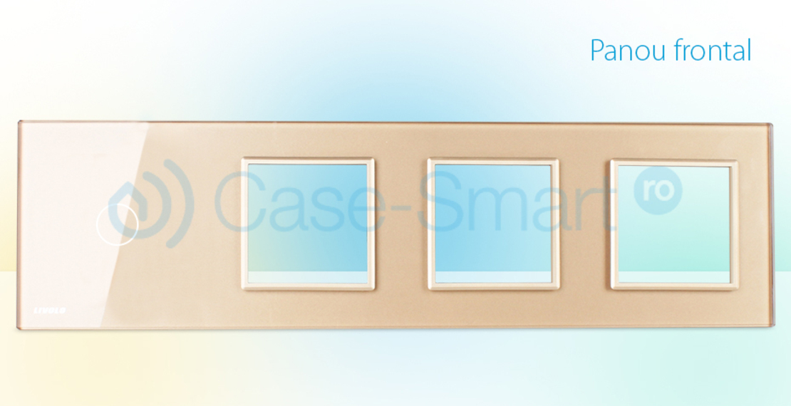 Rama intrerupator cu touch simplu+priza tripla LIVOLO din sticla, auriu