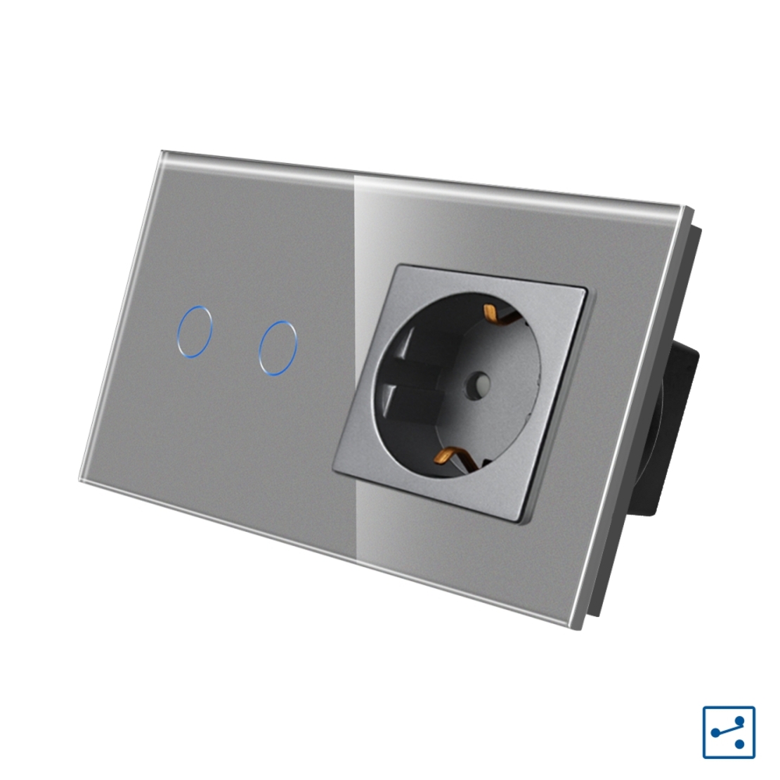 Intrerupator Dublu Cap Scara / Cruce + Priza cu Rama din Sticla LUXION, Serie A, gri