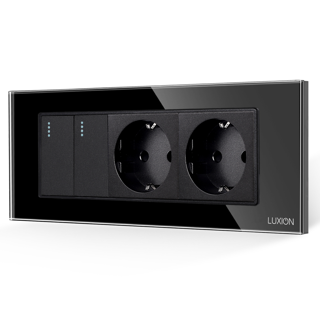 Intrerupator Dublu + 2 Prize cu Rama din Sticla LUXION, Standard Italian, 6M, negru