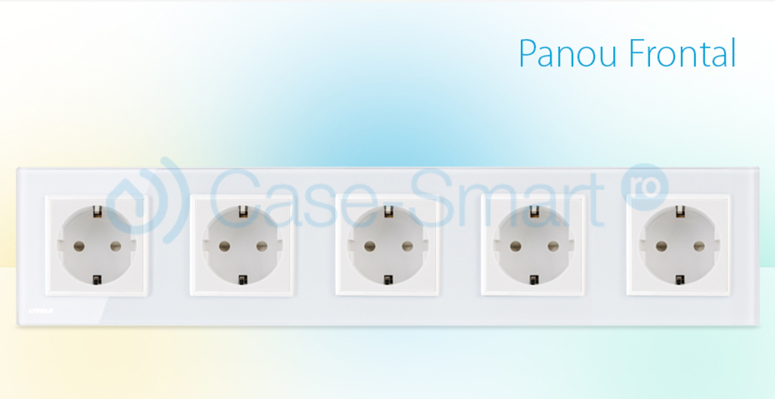 Priza cvintupla Livolo cu rama din sticla, alb