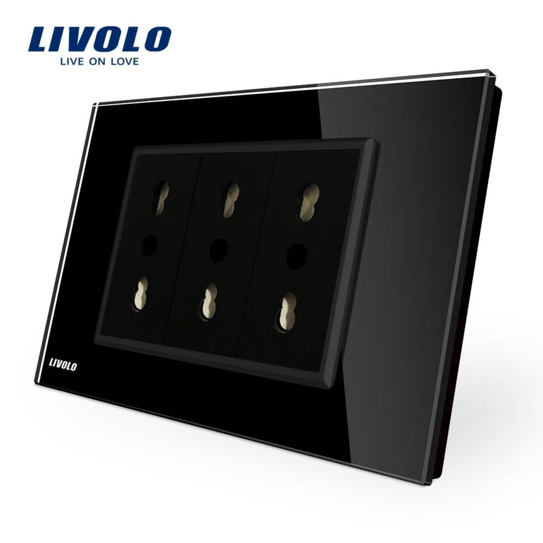 Priza tripla italiana Livolo cu rama din sticla - standard italian, negru