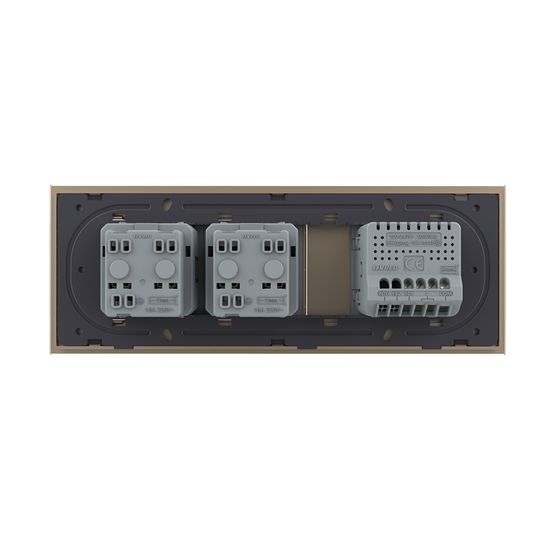 Intrerupator Simplu Cap Scara / Cruce + 2 Prize LIVOLO cu Rama Din Sticla, Standard Italian, 6M, auriu