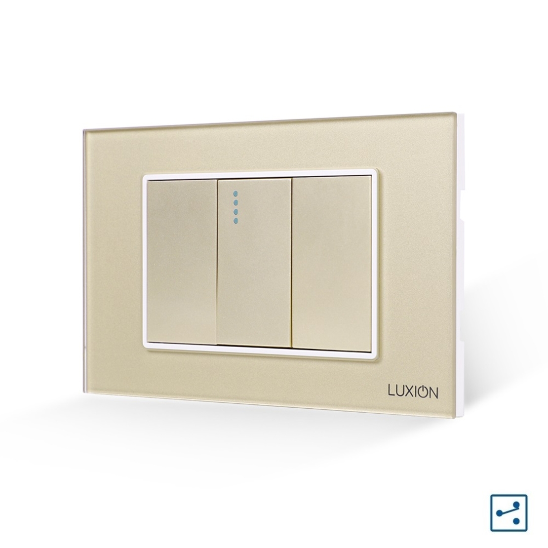 Intrerupator Simplu Cruce Mecanic 1M si 2 Taste False LUXION cu Rama din Sticla, Standard Italian, 3M, auriu