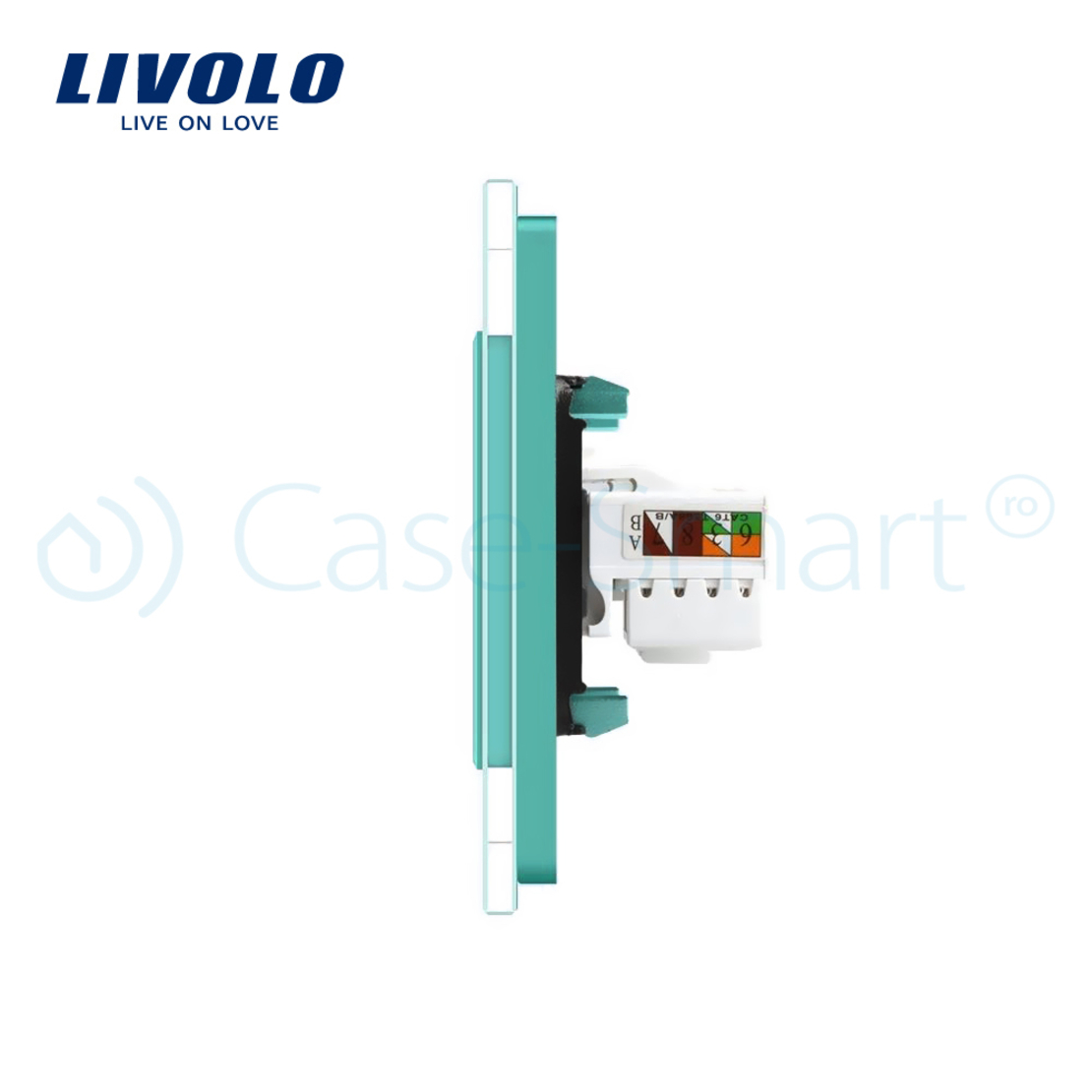 Priza dubla Telefon + Priza internet Livolo cu rama din sticla, verde
