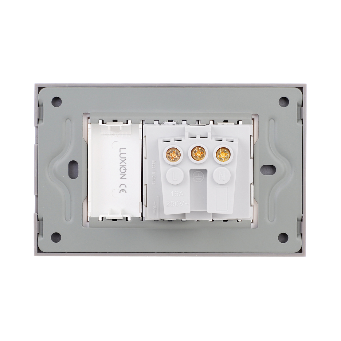 Priza Simpla si 1 Tasta Falsa cu Rama din Sticla LUXION, Standard Italian, 3M, gri