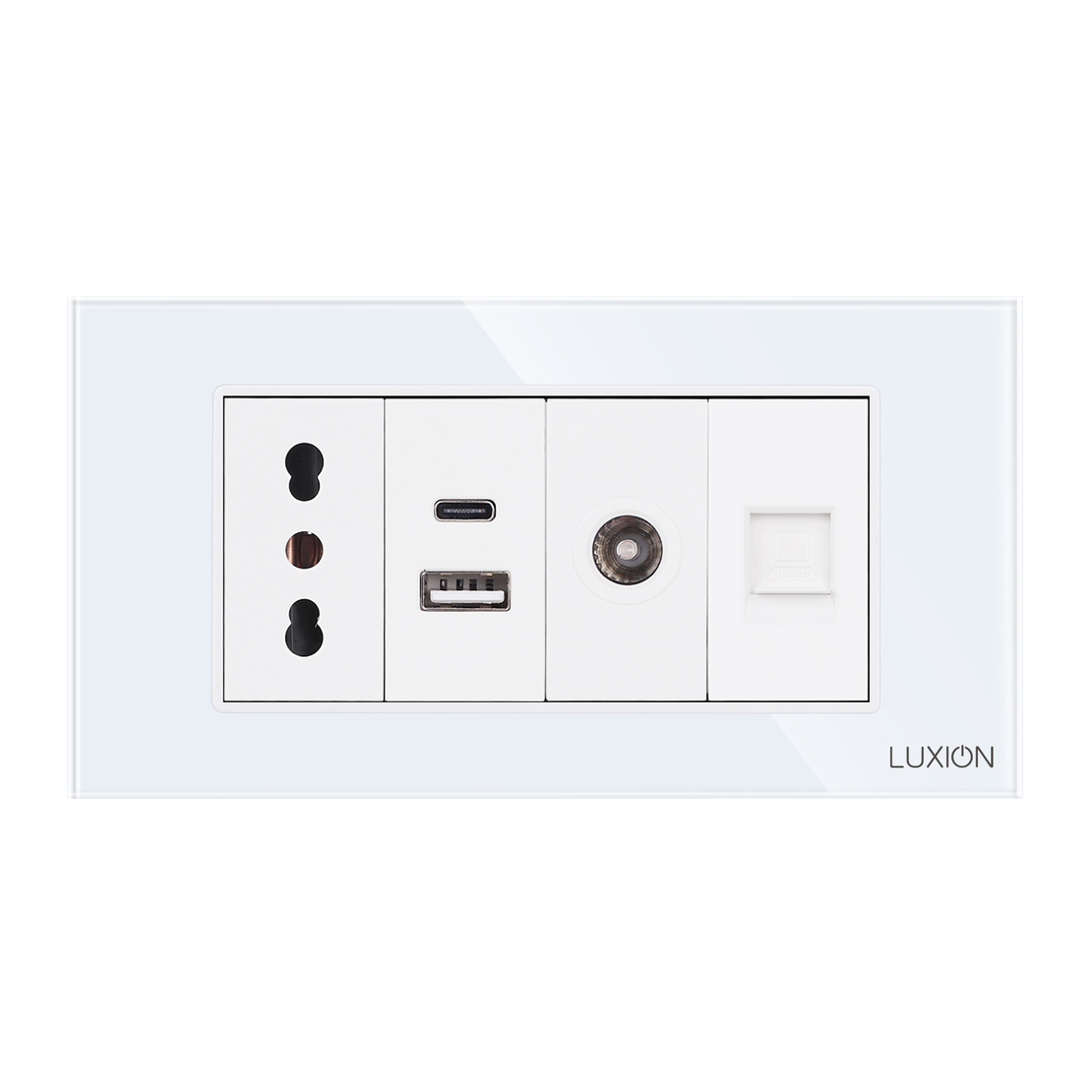 Priza Ingusta + Dubla USB + TV + Internet cu Rama Din Sticla LUXION, Standard Italian, 4M, alb
