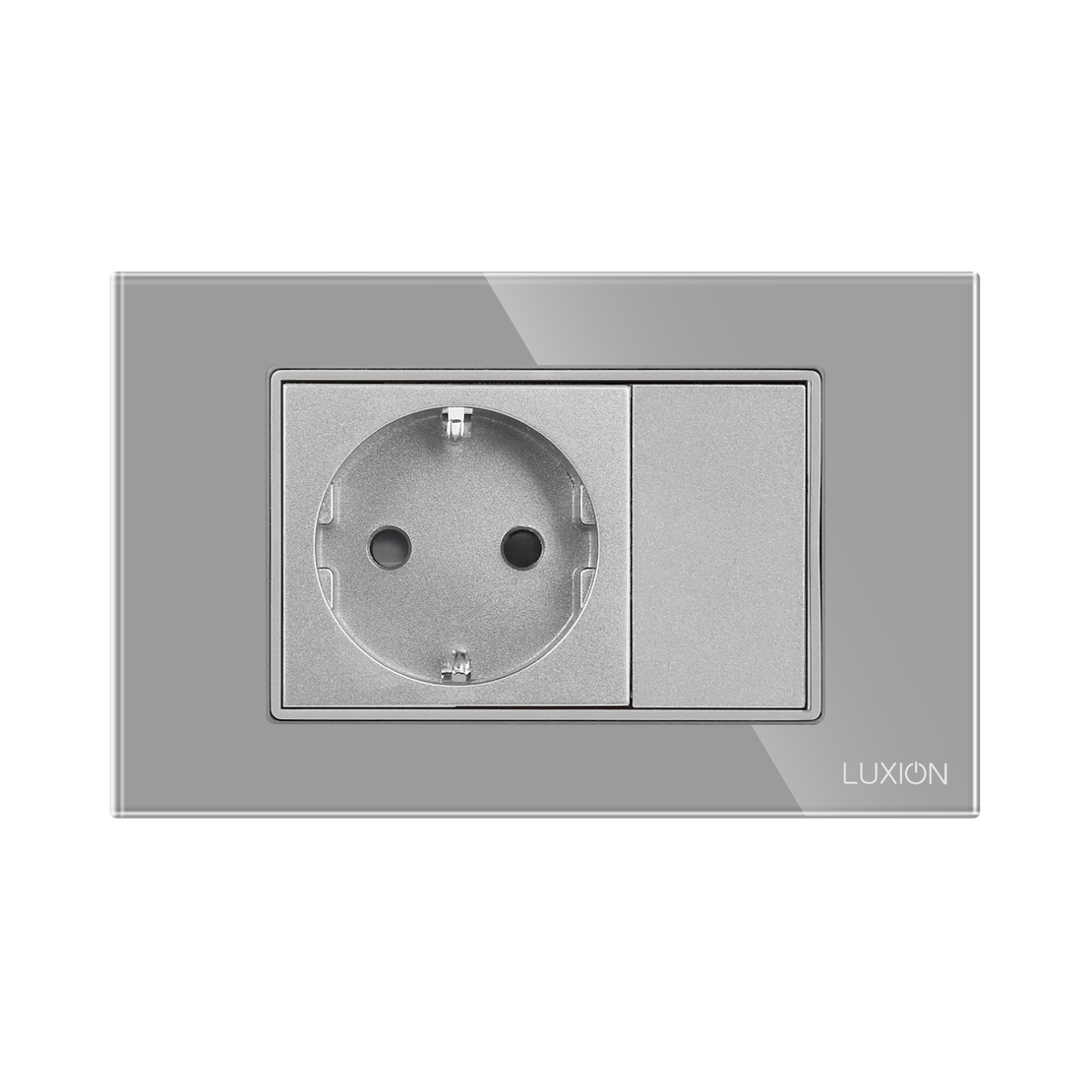 Priza Simpla si 1 Tasta Falsa cu Rama din Sticla LUXION, Standard Italian, 3M, gri