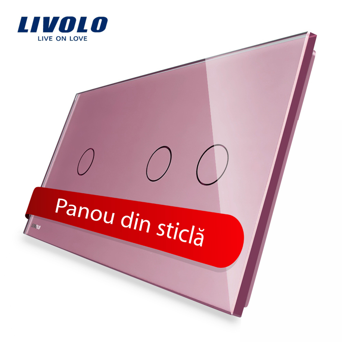 Panou intrerupator simplu+dublu cu touch Livolo din sticla, roz