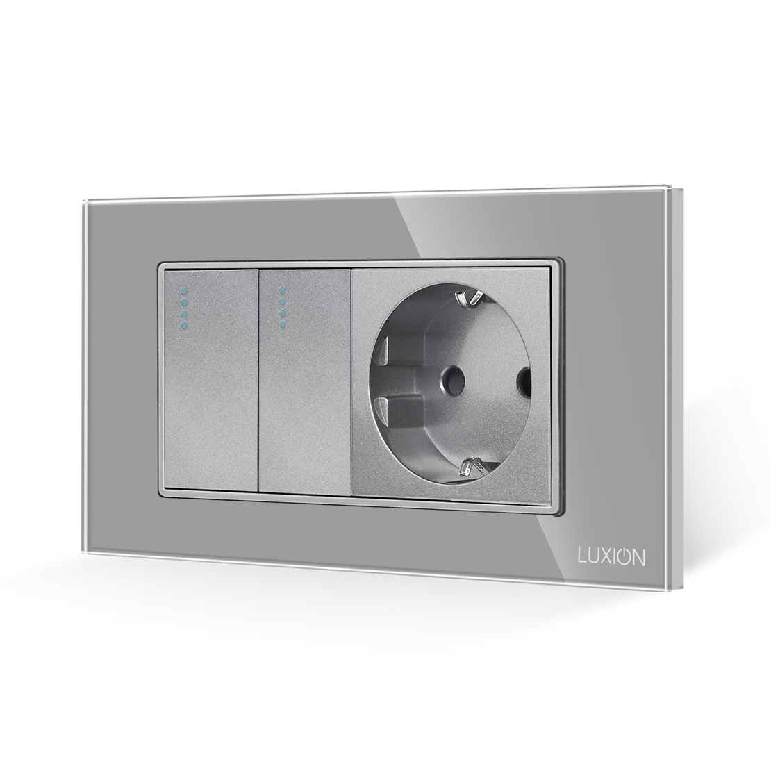Intrerupator Dublu + Priza cu Rama din Sticla LUXION, Standard Italian, 4M, gri
