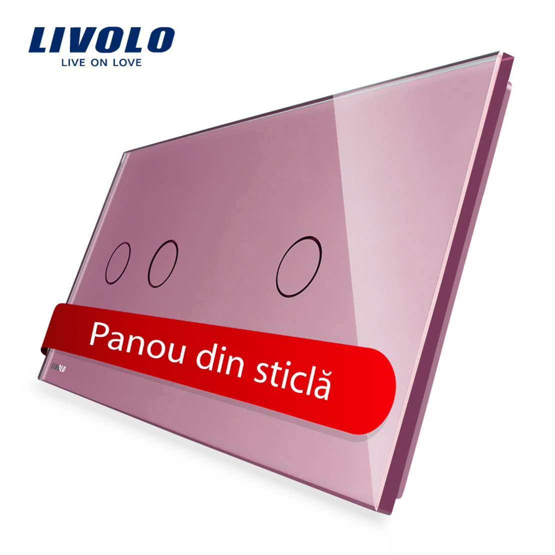 Panou intrerupator dublu + simplu cu touch Livolo din sticla, roz