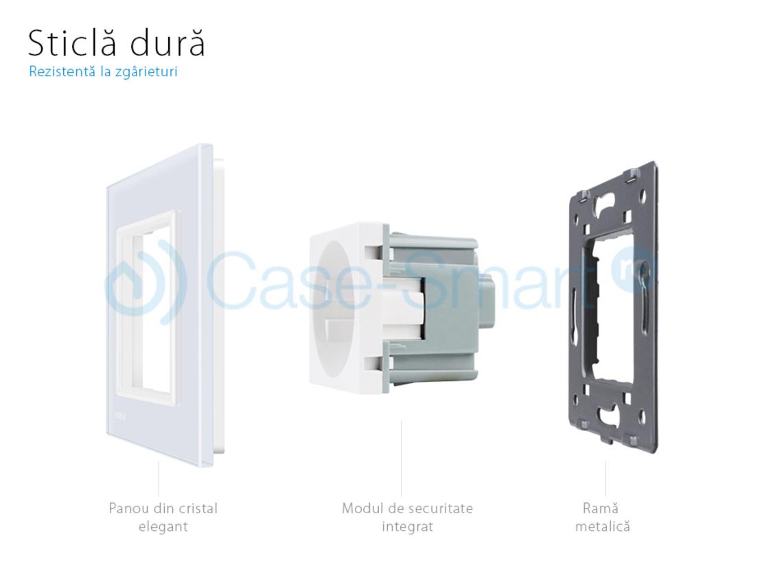 Priza simpla Livolo cu rama din sticla, alb