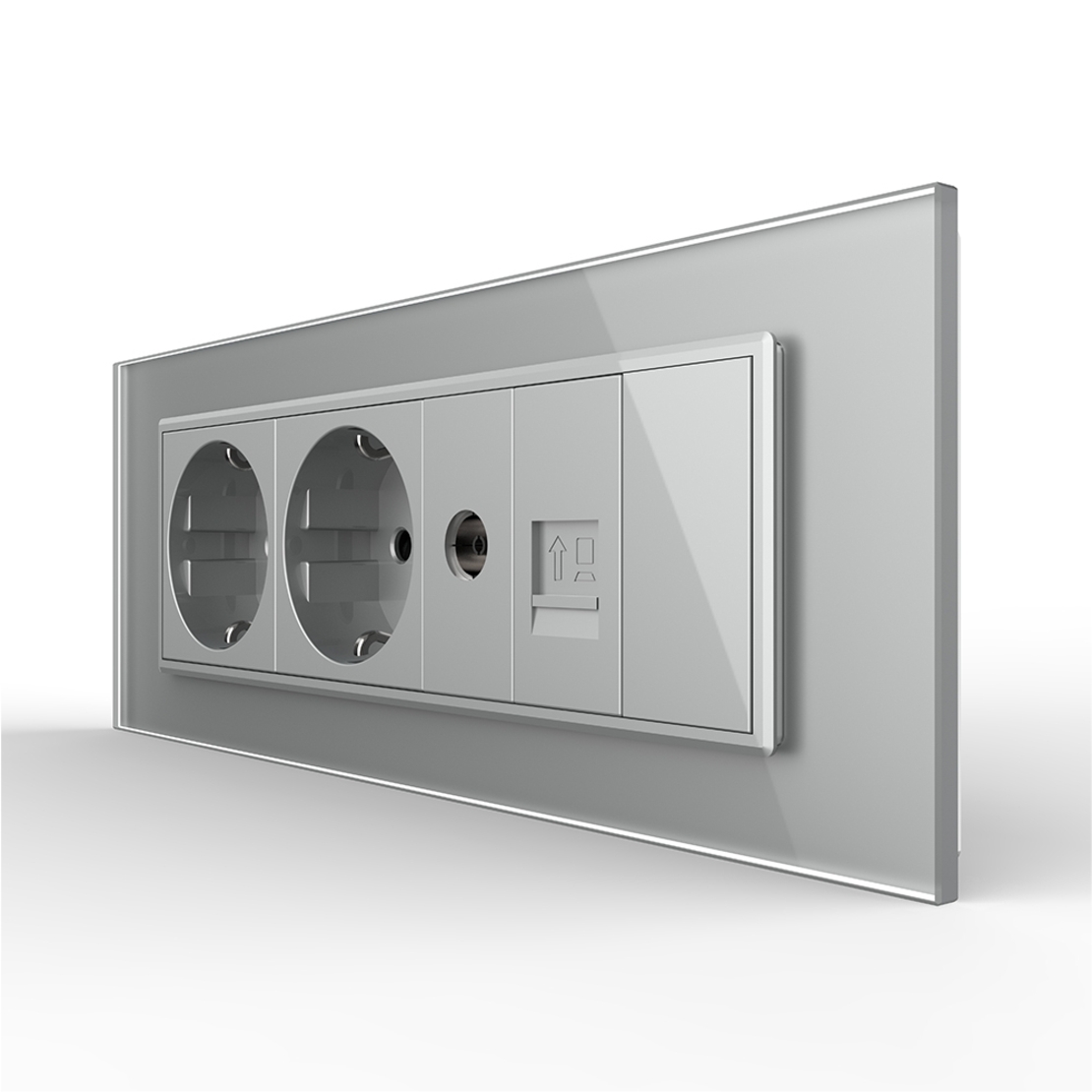 Priza Tripla cu Blank Livolo cu Rama din Sticla 2 Prize Schuko+TV/internet, Standard Italian - Serie Noua, gri