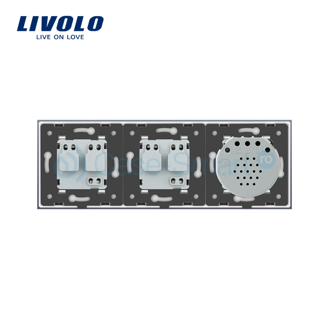 Intrerupator LIVOLO simplu cap scara / cap cruce cu touch si 2 prize din sticla, gri