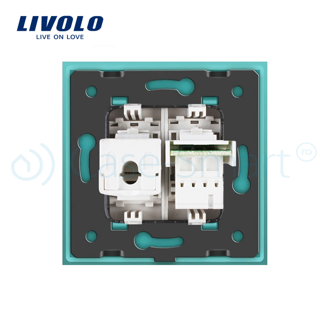 Priza dubla Telefon + Priza internet Livolo cu rama din sticla, verde