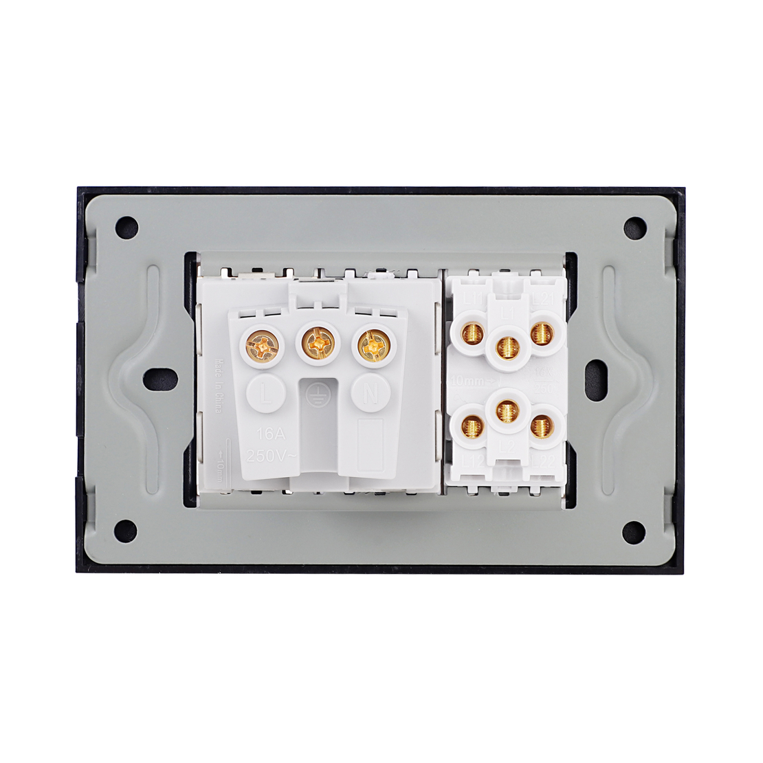 Intrerupator Dublu Cap Scara + Priza cu Rama din Sticla LUXION, Standard Italian, 3M, negru