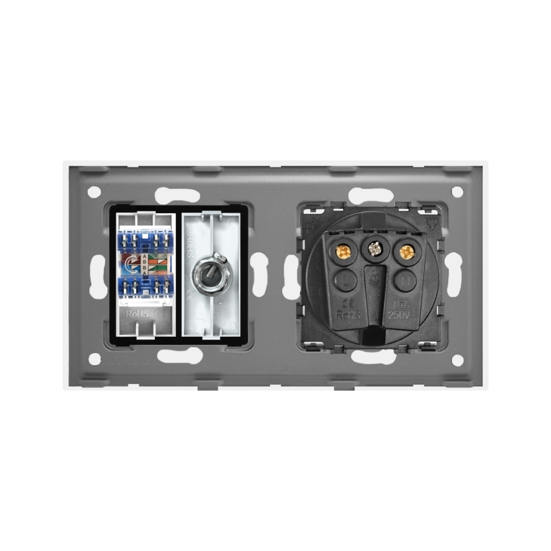 Priza Schuko + TV + Internet cu Rama Din Sticla LUXION, alb