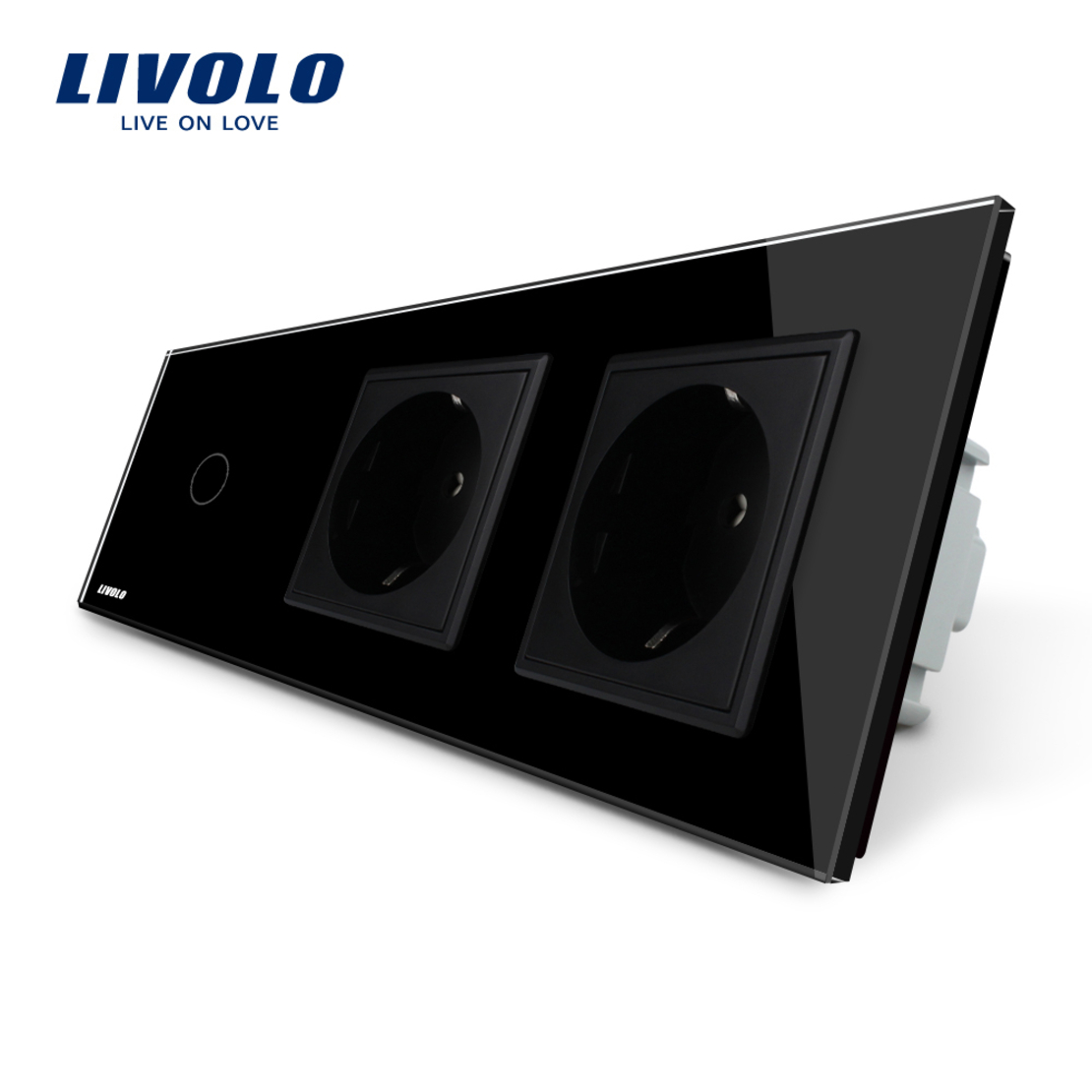 Intrerupator LIVOLO simplu cap scara / cap cruce cu touch si 2 prize din sticla, negru