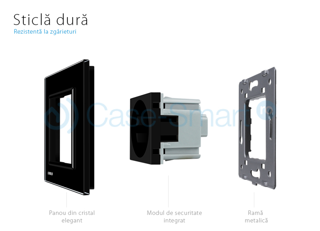 Priza simpla Livolo cu rama din sticla, negru