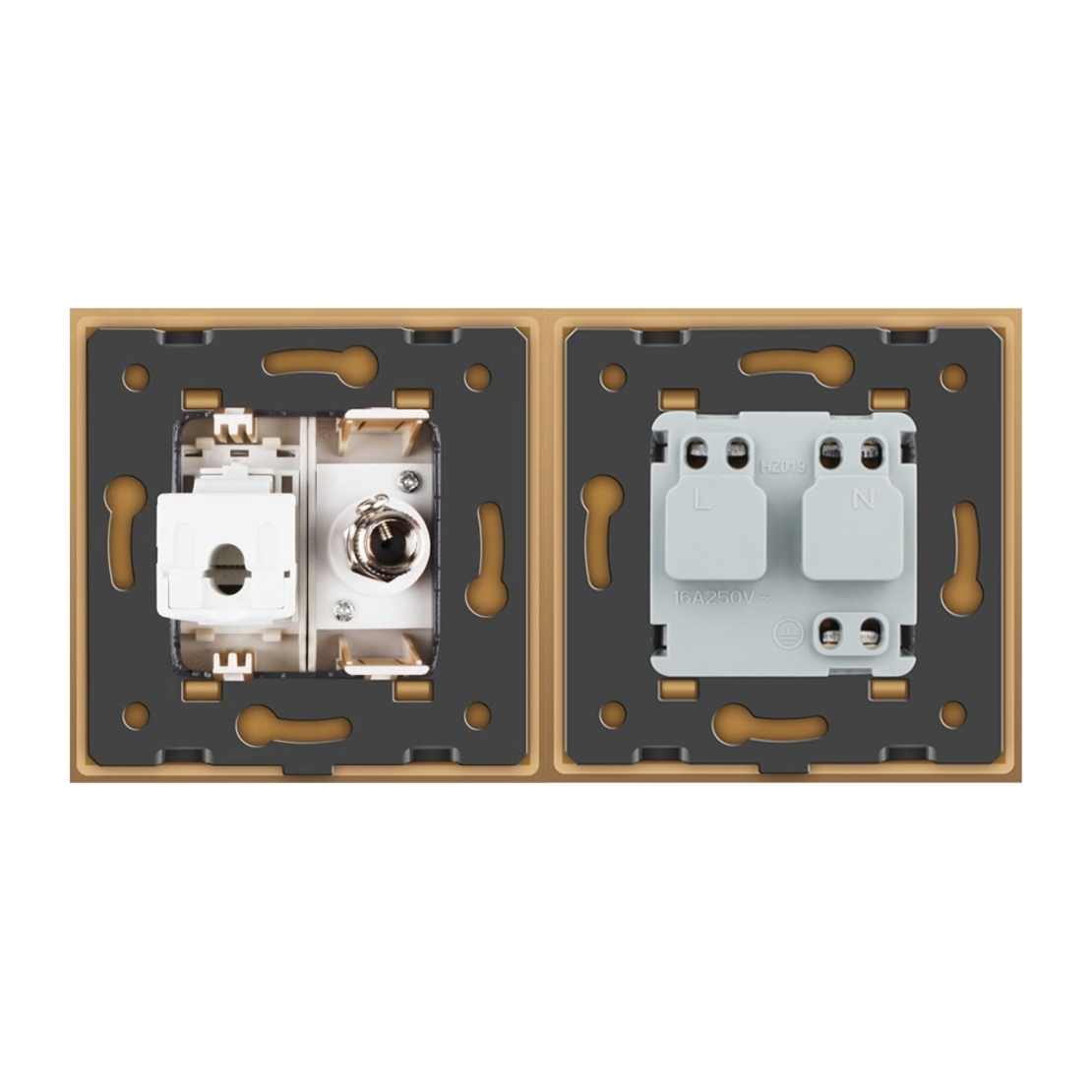 Priza dubla Livolo cu rama din sticla 1 priza Schuko+TV/internet, auriu