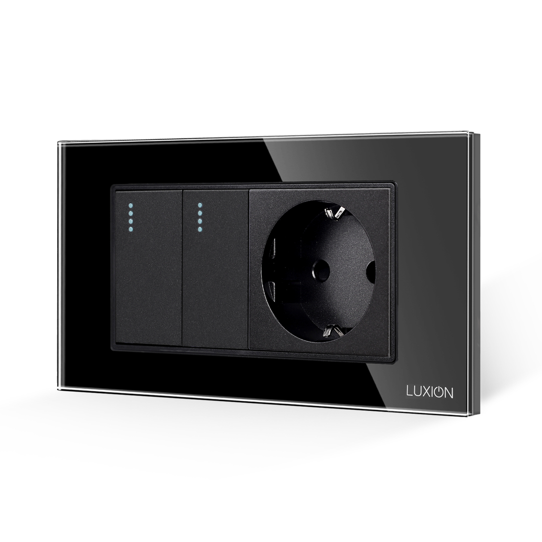 Intrerupator Dublu + Priza cu Rama din Sticla LUXION, Standard Italian, 4M, negru
