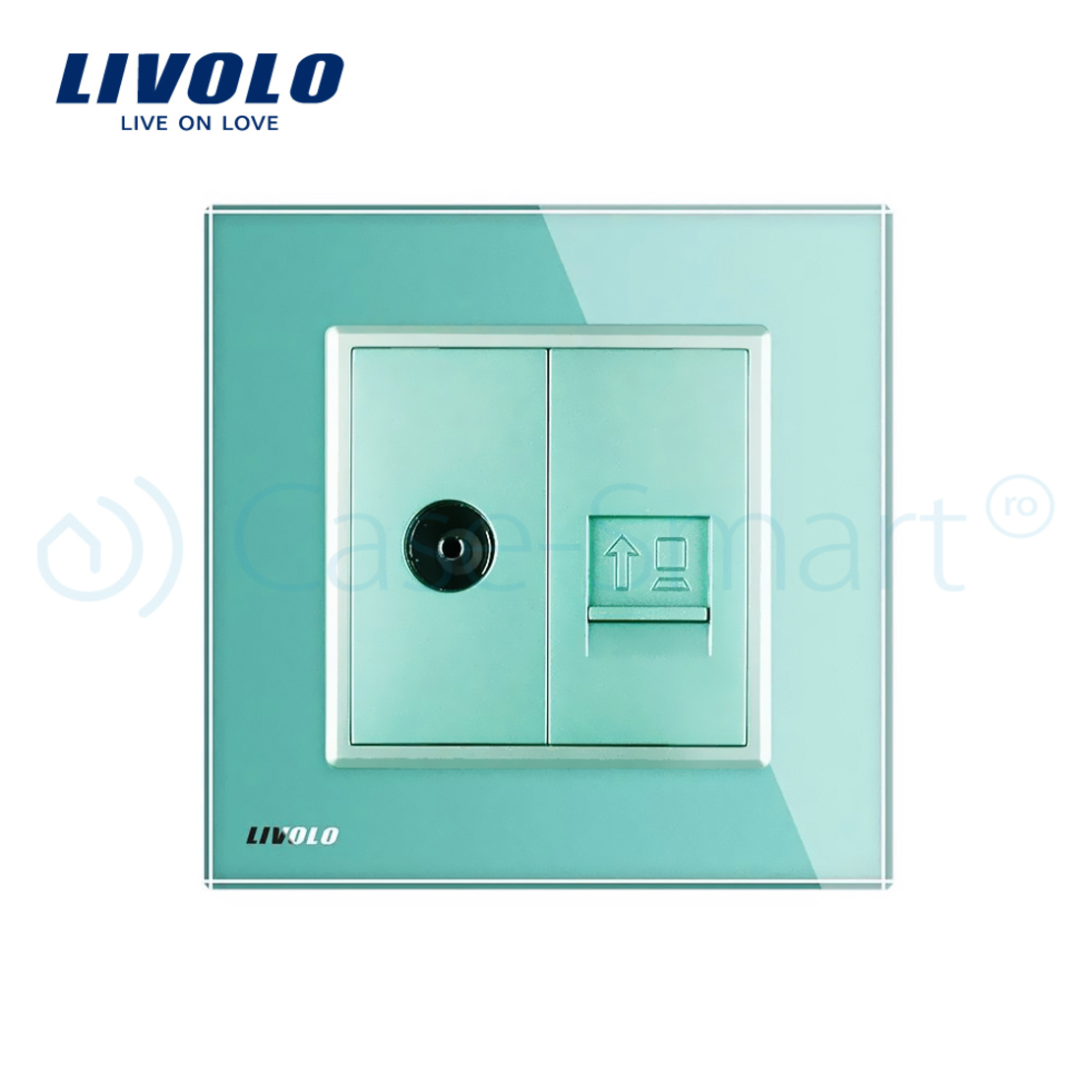 Priza dubla TV + priza internet Livolo cu rama din sticla, verde