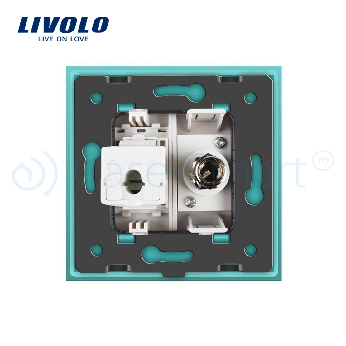Priza dubla TV + priza internet Livolo cu rama din sticla, verde