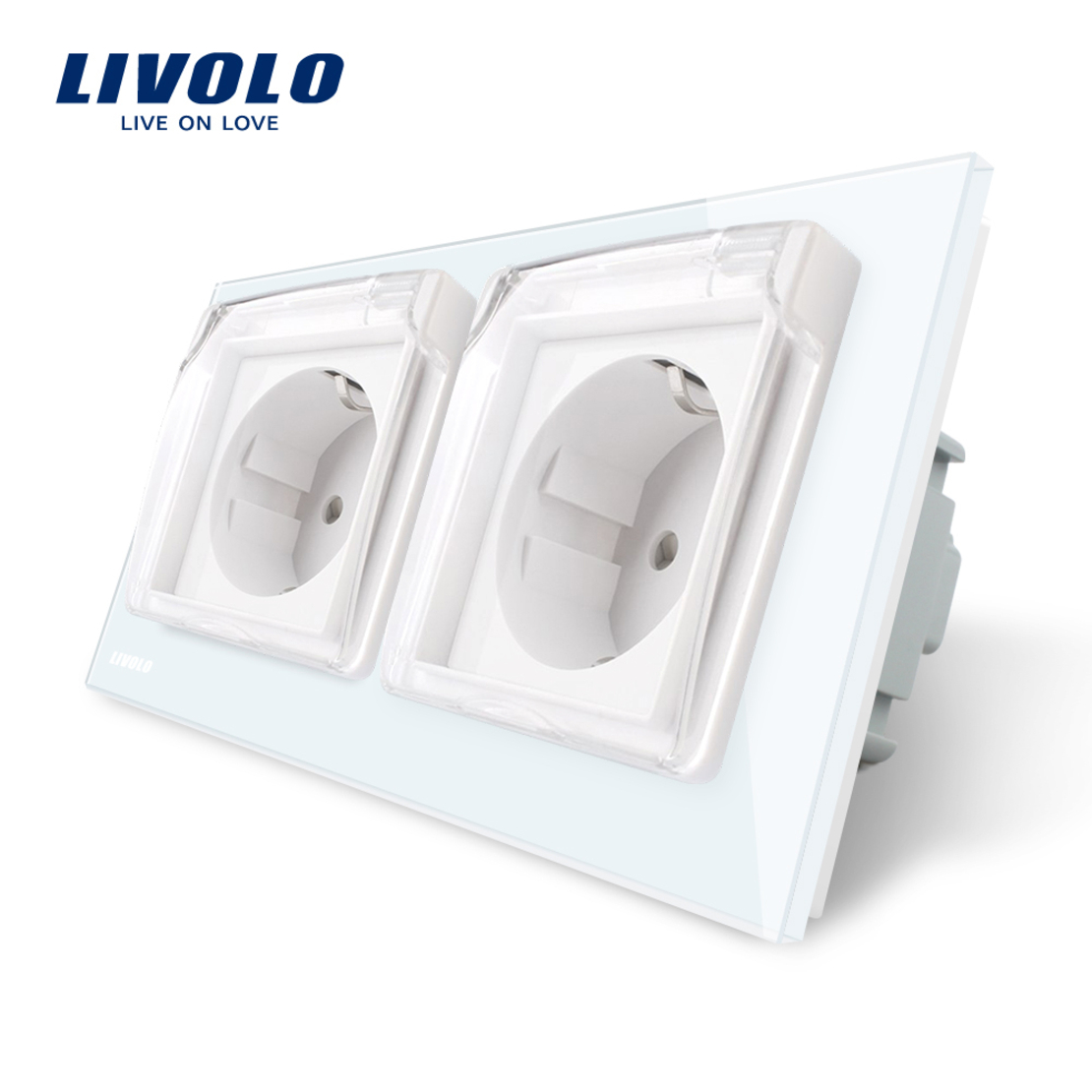 Priza dubla Livolo cu rama din sticla si capac de protectie rezistent la apa, alb