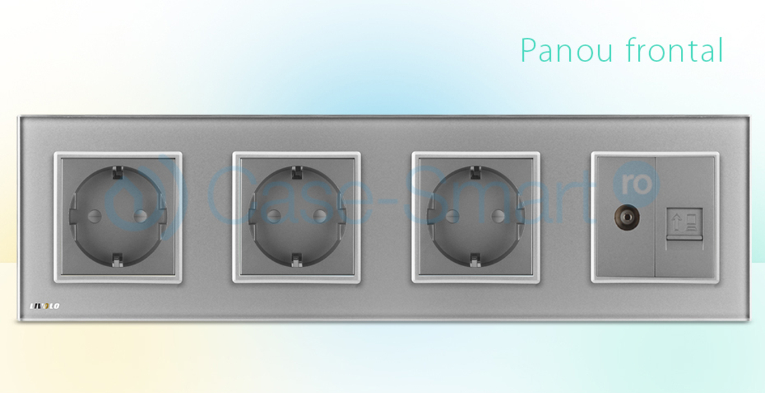 Priza cvadrupla Livolo cu rama din sticla 3 prize simple+TV/internet, gri