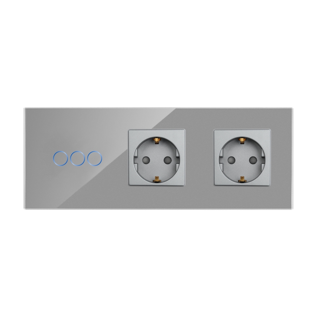 Intrerupator Triplu + 2 Prize cu Rama din Sticla LUXION, gri