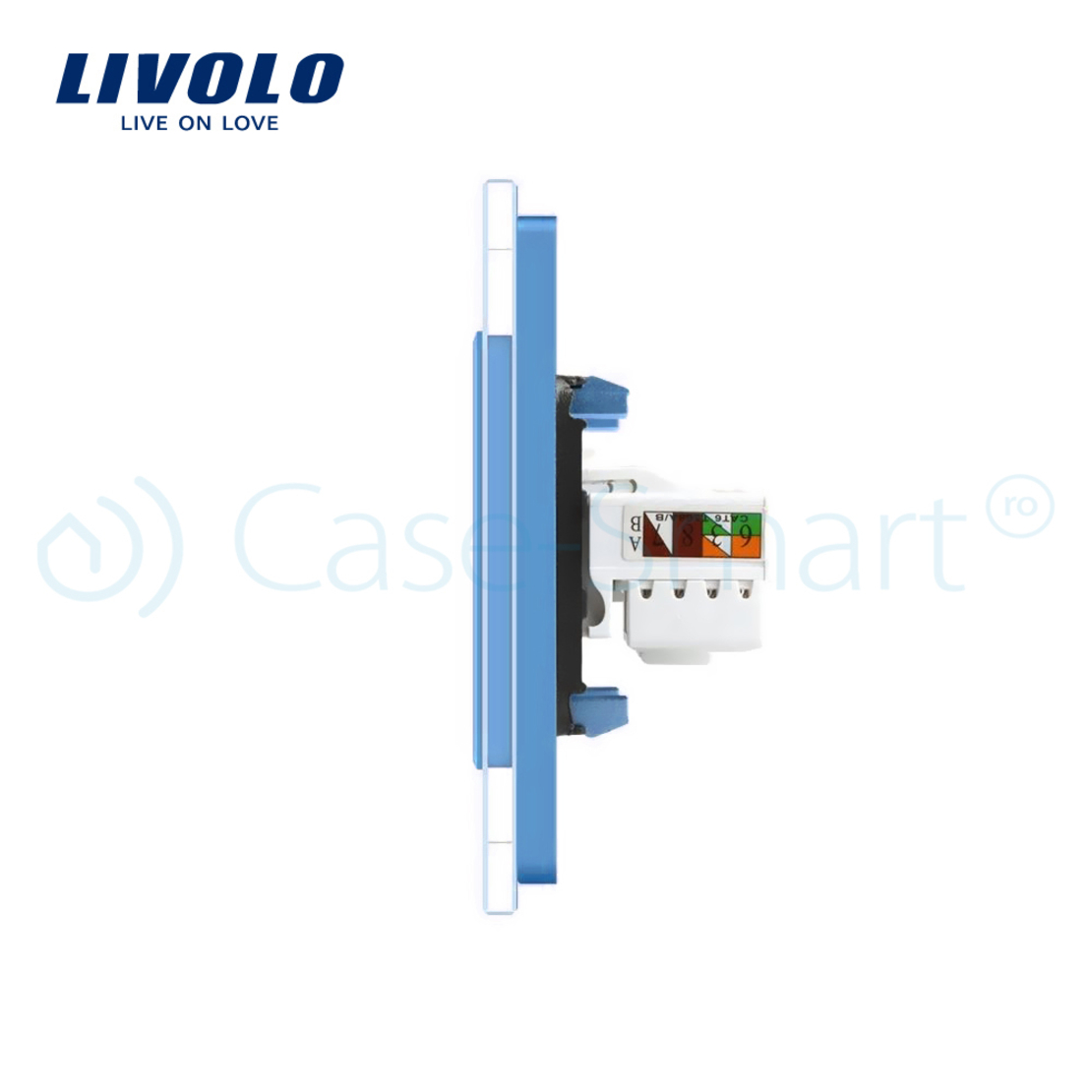 Priza dubla Telefon + Priza internet Livolo cu rama din sticla, albastru