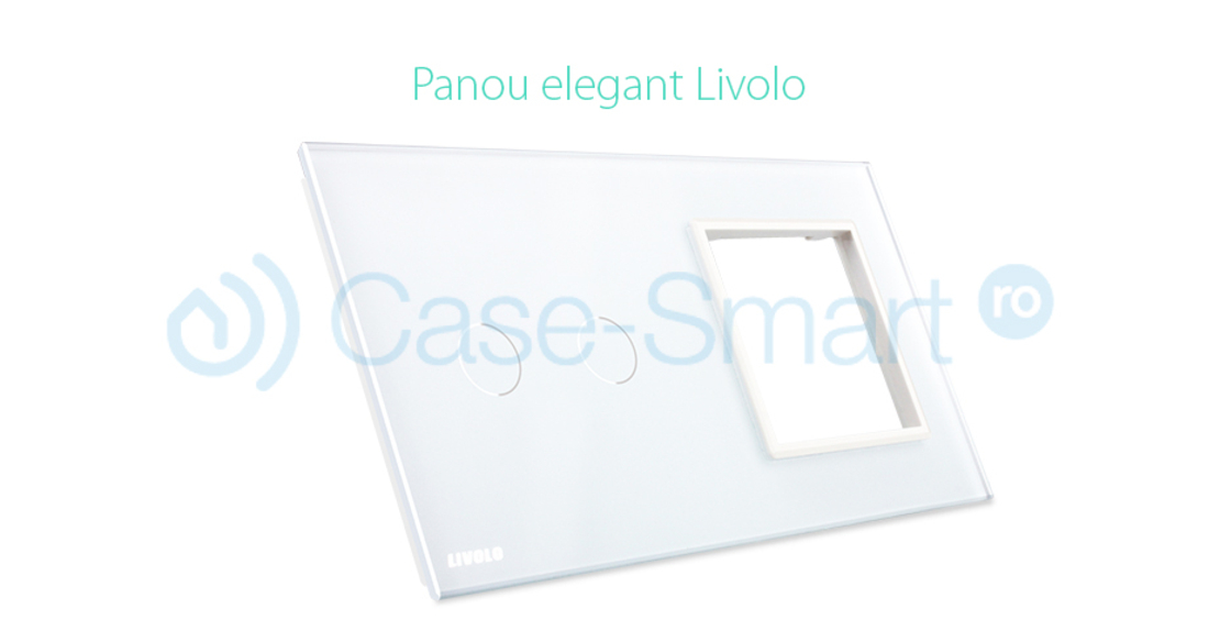 Panou intrerupator dublu cu touch + priza simpla Livolo din sticla, alb