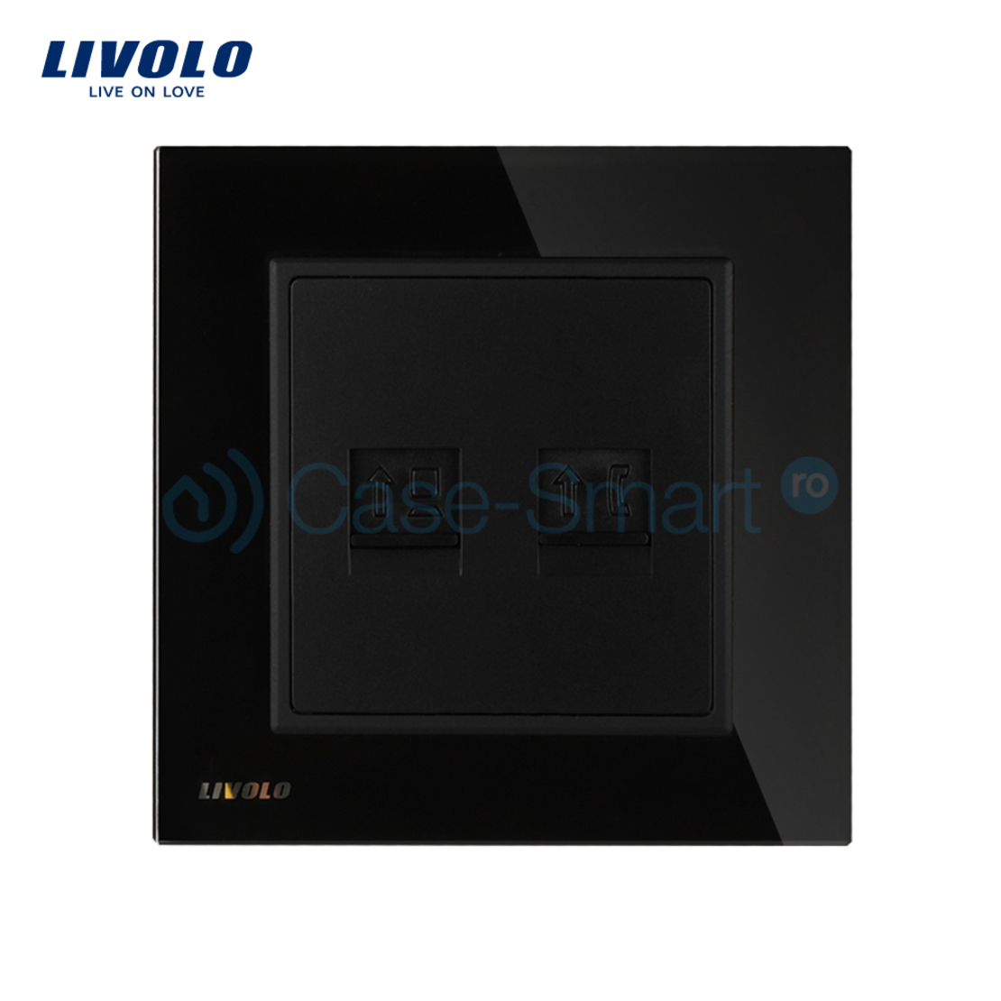 Priza dubla Telefon + Priza internet Livolo cu rama din sticla, negru