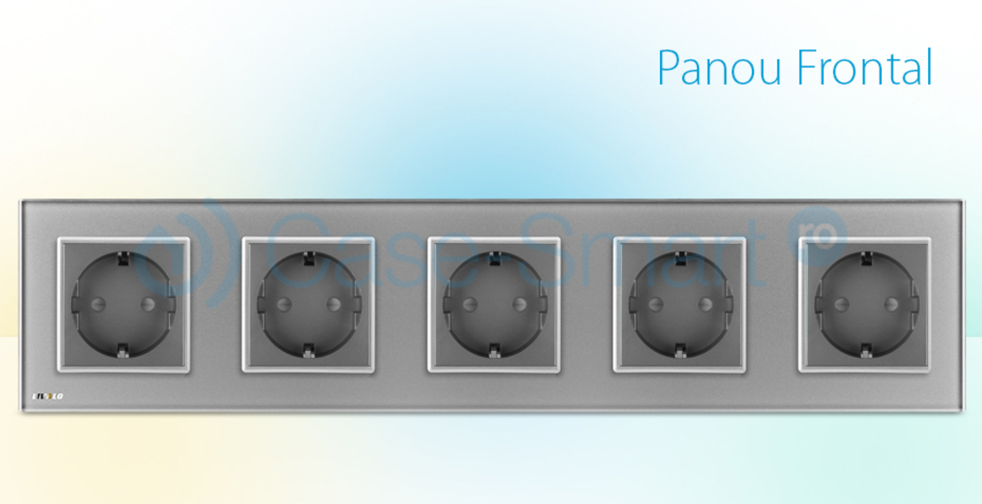 Priza cvintupla Livolo cu rama din sticla, gri