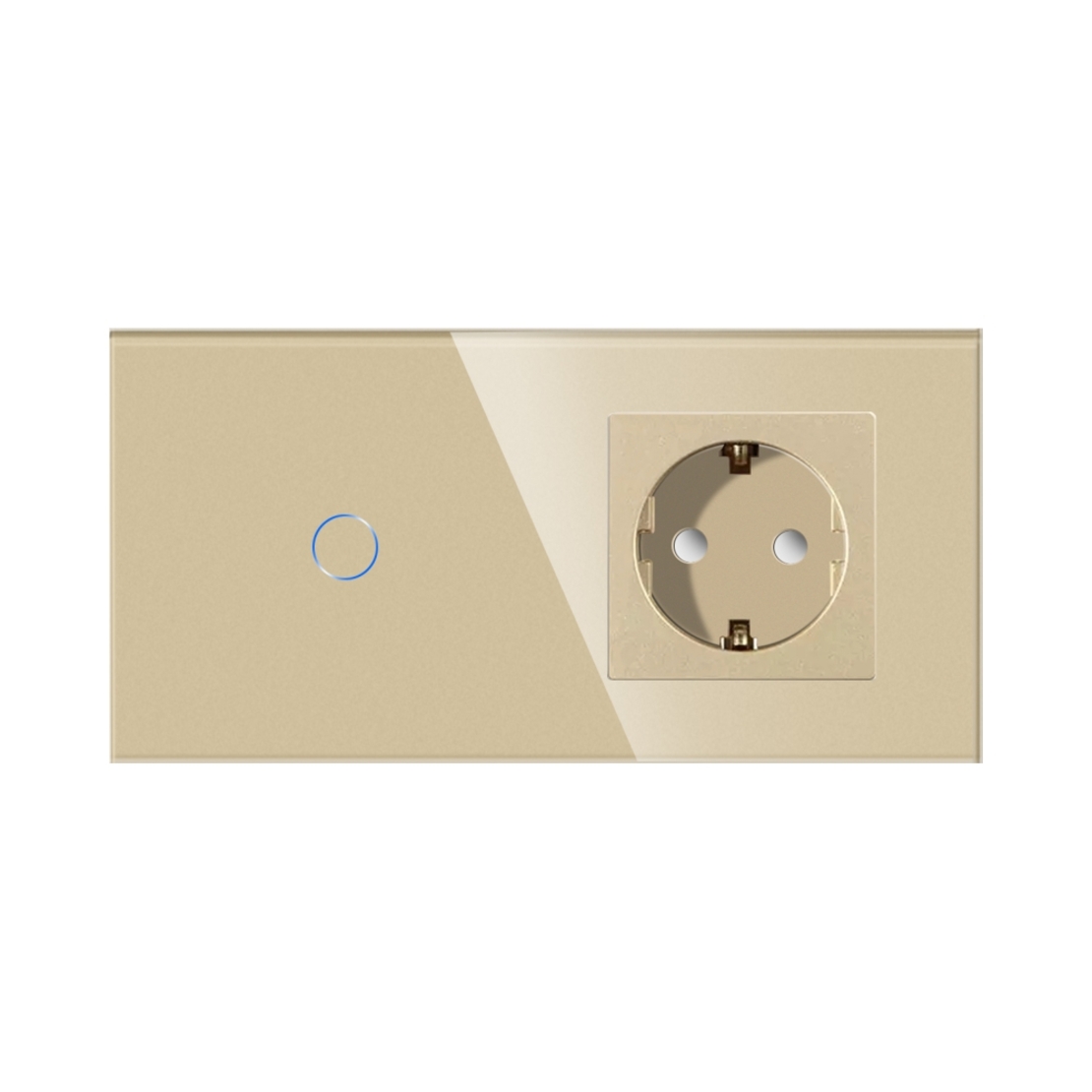 Intrerupator Simplu Cap Scara / Cruce + Priza cu Rama din Sticla LUXION, Serie A, auriu